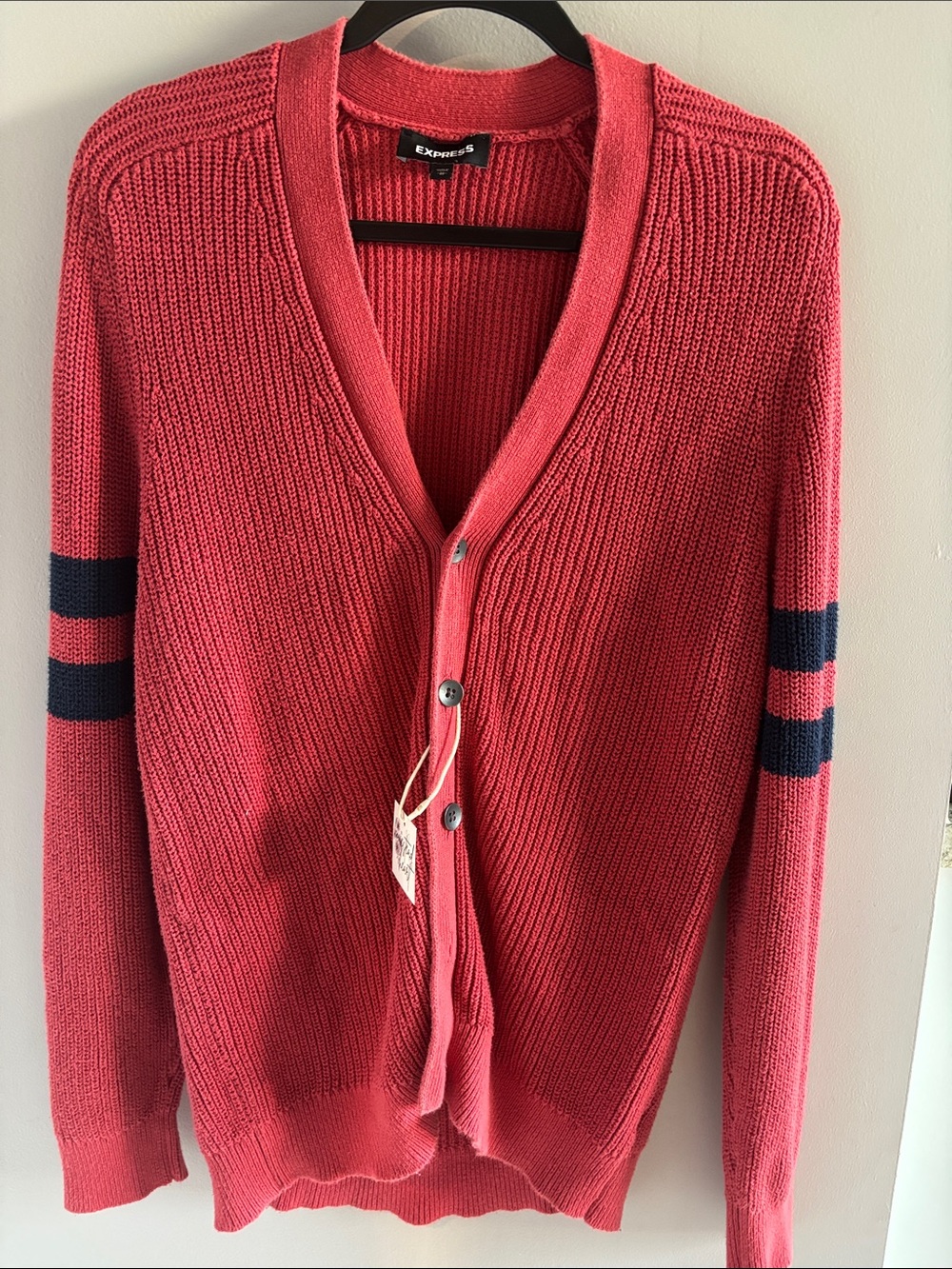 Express Red Women’s V-Neck Button Cardigan with Navy Sleeve Stripes